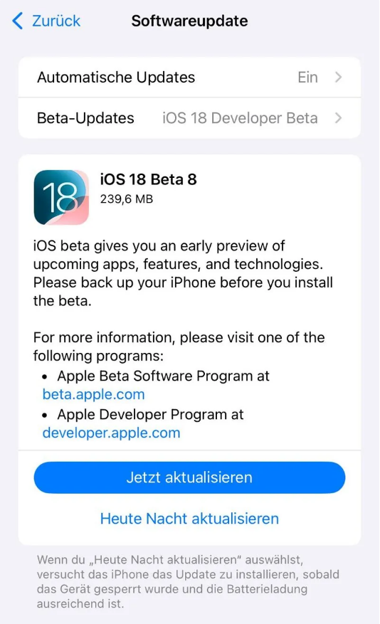 嘉黎苹果手机维修分享苹果 iOS / iPadOS 18 开发者预览版 Beta 8 发布 